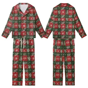 Festive Winter Charm: Seamless Red Green Plaid, Hand-Drawn Snowflakes, Berries & Joyful Text Pattern Kid Satin Pajamas Set