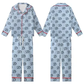 Women's Light Blue Rayon Sleep Tunic - Bridesmaid Elegant Black Script 'D' Pattern Kid Satin Pajamas Set