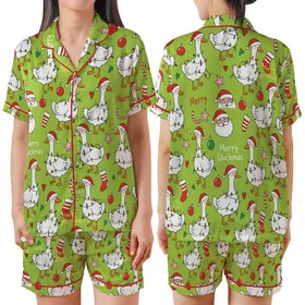 Festive Christmas Geese Pattern: Lime Green, Santa Hats, Lights, 'Merry Duckmas' - Whimsical Holiday Art Satin Short-Sleeve Pajamas Set