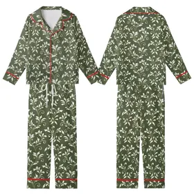 Bridesmaid Wedding Party: Olive Green Botanical Vine White Gold Lined Rayon Sleep Set Kid Satin Pajamas Set