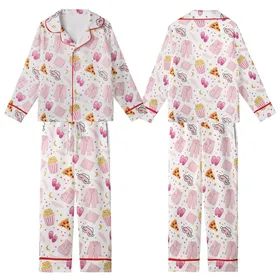 Slumber Party Pajamas: Whimsical Pink Pizza, Popcorn, Sleep Mask & Star Pattern - Cozy Sleepwear Kid Satin Pajamas Set