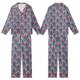 Women's Soft Cotton Pajamas: Dusty Blue Hand Block Print Rose Pink Indigo Floral Motif Kid Satin Pajamas Set