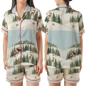 Winter Wonderland Dream: Santa, Deer & Moose Snowy Forest Narrative - Hand-Drawn Storybook Graphic Satin Short-Sleeve Pajamas Set