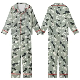 Bridesmaid Muted Sage Abstract Feather Pattern Luxury Loungewear Set with Removable Cuffs Kid Satin Pajamas Set