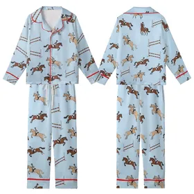 Women's Preppy Horse Pajamas: Colorful Showjumping Equestrian Pattern - Relaxed Fit Sleepwear Pants Kid Satin Pajamas Set