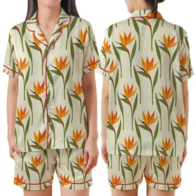 Bridesmaid White Silk Peignoir Pajama Set: Bird of Paradise & Delicate Lace Floral Print Satin Short-Sleeve Pajamas Set