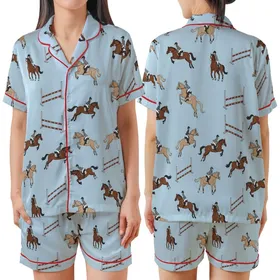 Women's Preppy Horse Pajamas: Colorful Showjumping Equestrian Pattern - Relaxed Fit Sleepwear Pants Satin Short-Sleeve Pajamas Set