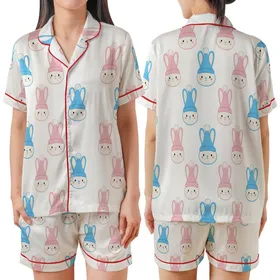 Adorable Chenille Bunny Pattern: Sky Blue & Pink Stylized Rabbit Seamless Print Satin Short-Sleeve Pajamas Set