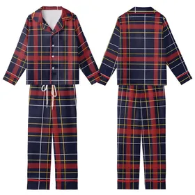 Classic Tartan Plaid: Deep Navy Crimson Red Gold Geometric Pattern - Heritage Style Motif Kid Satin Pajamas Set