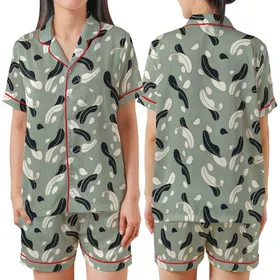 Bridesmaid Muted Sage Abstract Feather Pattern Luxury Loungewear Set with Removable Cuffs Satin Short-Sleeve Pajamas Set