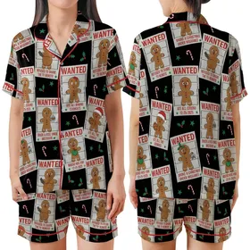 Holiday Enthusiast Gingerbread: Wanted Poster Festive Antics Collage - Whimsical Black Red Green Design Satin Short-Sleeve Pajamas Set