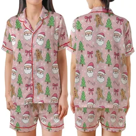 Coquette Christmas: Pastel Pink Santa, Gingerbread & Bow Cartoon Satin Pajamas Satin Short-Sleeve Pajamas Set