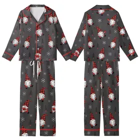 Whimsical Gnome Fan: Buffalo Plaid Gnomes, Snowflakes & Evergreen Dark Charcoal Allover Print Kid Satin Pajamas Set