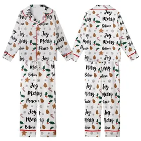 Whimsical Holiday Pattern: Joy Peace Merry Believe Text & Pinecone Holly Art - Seamless Vector Print Kid Satin Pajamas Set