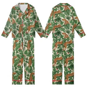 Safari Aesthetic: Hand-Drawn Lounging Leopards Tropical Jungle Repeat Pattern Kid Satin Pajamas Set