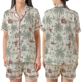 Vintage Tropical Christmas Design Pattern: Santa Flamingo Reindeer Beach Palm Toile Engraving Satin Short-Sleeve Pajamas Set