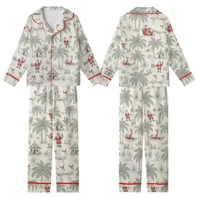 Vintage Tropical Christmas Design Pattern: Santa Flamingo Reindeer Beach Palm Toile Engraving Kid Satin Pajamas Set