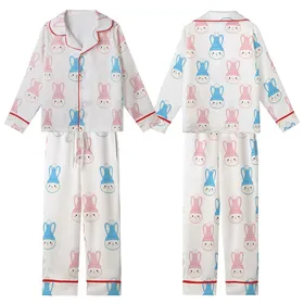 Adorable Chenille Bunny Pattern: Sky Blue & Pink Stylized Rabbit Seamless Print Kid Satin Pajamas Set