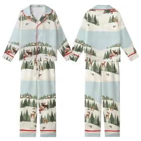 Winter Wonderland Dream: Santa, Deer & Moose Snowy Forest Narrative - Hand-Drawn Storybook Graphic Kid Satin Pajamas Set