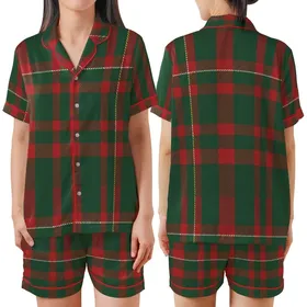 Heritage Style Forest Green Red Tartan Plaid Pattern Graphic Design Satin Short-Sleeve Pajamas Set
