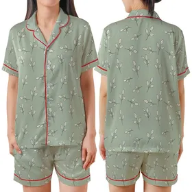 Women's Elegant Minimalist Botanical Sprigs Muted Sage Green Off-White Pattern Satin Short-Sleeve Pajamas Set