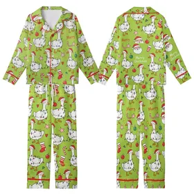 Festive Christmas Geese Pattern: Lime Green, Santa Hats, Lights, 'Merry Duckmas' - Whimsical Holiday Art Kid Satin Pajamas Set