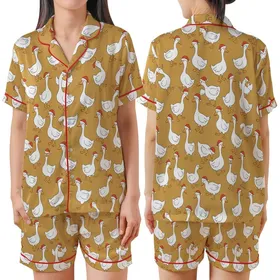Women's Funny White Geese Christmas Pajama Set with Santa Hats Satin Short-Sleeve Pajamas Set