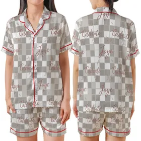 Women's Personalized Sleep Set: Taupe Gingham 'Love Joy Celebrate' Script Lounge Wear Satin Short-Sleeve Pajamas Set