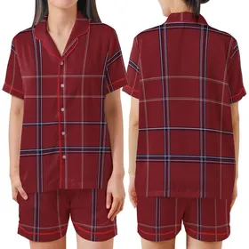 Women's Deep Crimson Tartan Plaid Flannel Sleepwear Set: Navy & White Pattern Satin Short-Sleeve Pajamas Set