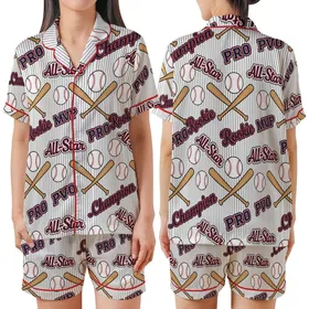 Diamond League Retro Pattern: Pinstripe Baseball & Champion Script Print Satin Short-Sleeve Pajamas Set