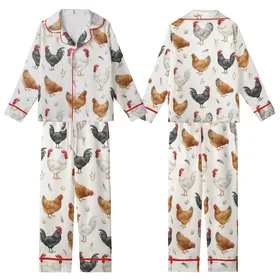 Women's Valentine Coquette Watercolor Farm Fowl Pajamas: Rooster, Hen & Wildflower Print Kid Satin Pajamas Set
