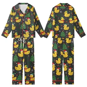 Festive Fan: Whimsical Christmas Duck Pattern with Santa Hats & Holly Berries - Unique Motif Kid Satin Pajamas Set