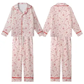 Winter Sweetheart: Playful Two-Tone Rose Candy Cane & Peppermint Pattern - Blush Pink Holiday Motif Kid Satin Pajamas Set