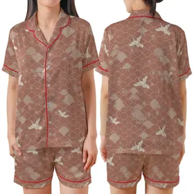Japanese Art Lover: Terracotta-Rose Seigaiha Wave, Sakura & Crane All-Over Print Satin Short-Sleeve Pajamas Set