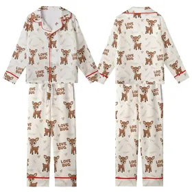 Gentle Loungewear: Cream Crocheted-Look Baby Deer & Love Bug Print Pajama Set Kid Satin Pajamas Set