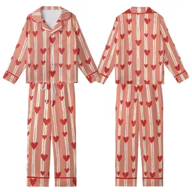 Bridesmaid Muted Salmon Pink Hand Block Print Rustic Stripe Heart Cotton Pajama Set Kid Satin Pajamas Set