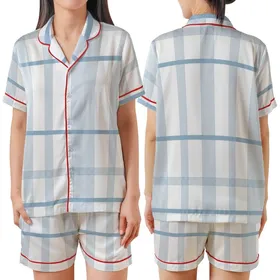 Women's Light Blue Windowpane Plaid Muslin Cotton Summer Lounge Sleepwear Set Satin Short-Sleeve Pajamas Set