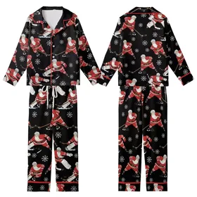 Santa Hockey Game: Dynamic Christmas Skaters & Snowflakes All-Over Pattern – Holiday Graphic Kid Satin Pajamas Set