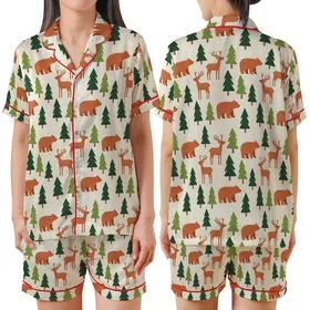 Cozy Woodland Animals: Illustrative Bear Deer Terracotta Green Pine Pattern Satin Short-Sleeve Pajamas Set
