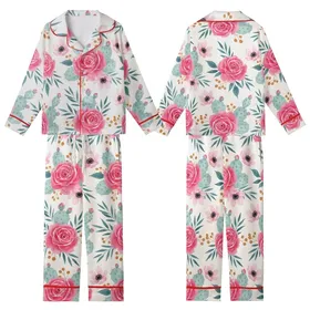 Women's Bridesmaid Rayon Pajamas: Watercolor Fuchsia Rose & Teal Cactus Floral Kid Satin Pajamas Set