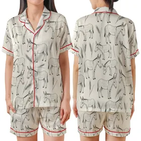 Vintage Donkey & Wheat Pattern: Hand-Drawn Pen & Ink Grayscale Sketch Motif Satin Short-Sleeve Pajamas Set