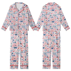 Women's Red White Blue Vintage Americana Liberty Collage Polyester Spandex Sleepwear Kid Satin Pajamas Set