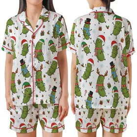 Whimsical Christmas Pickle Party: Festive Characters with Santa Hats, Antlers, & String Lights Print Satin Short-Sleeve Pajamas Set