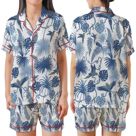 Azure Blooms Pyjama Set: Hand-Drawn Indigo Tropical Birds 100% Cotton Loungewear Gift Satin Short-Sleeve Pajamas Set