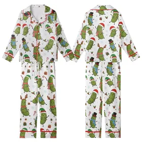 Whimsical Christmas Pickle Party: Festive Characters with Santa Hats, Antlers, & String Lights Print Kid Satin Pajamas Set