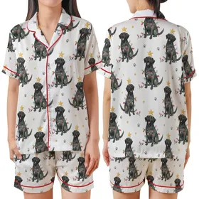 Black Lab Christmas Pajamas: Hand-Drawn Watercolor Dog & Gold Star Lights - Relaxed Jersey Knit Satin Short-Sleeve Pajamas Set
