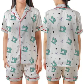 Sewing Enthusiast's Dream: Teal Machine, Thimble & Scissors Seamless Illustrative Design Satin Short-Sleeve Pajamas Set