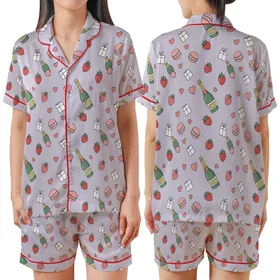 Women's & Family Whimsical Champagne, Macaron, Strawberry, Gift & Balloon Pajamas Set Satin Short-Sleeve Pajamas Set