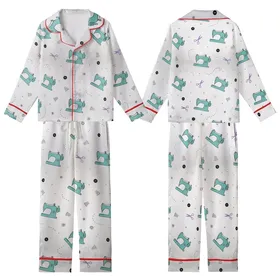 Sewing Enthusiast's Dream: Teal Machine, Thimble & Scissors Seamless Illustrative Design Kid Satin Pajamas Set