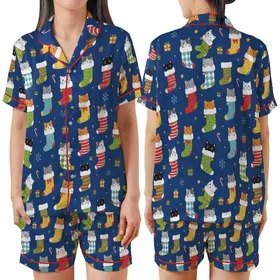 Cat Lover's Royal Blue Christmas: Playful Cartoon Cats in Festive Stockings All-Over Pattern Satin Short-Sleeve Pajamas Set